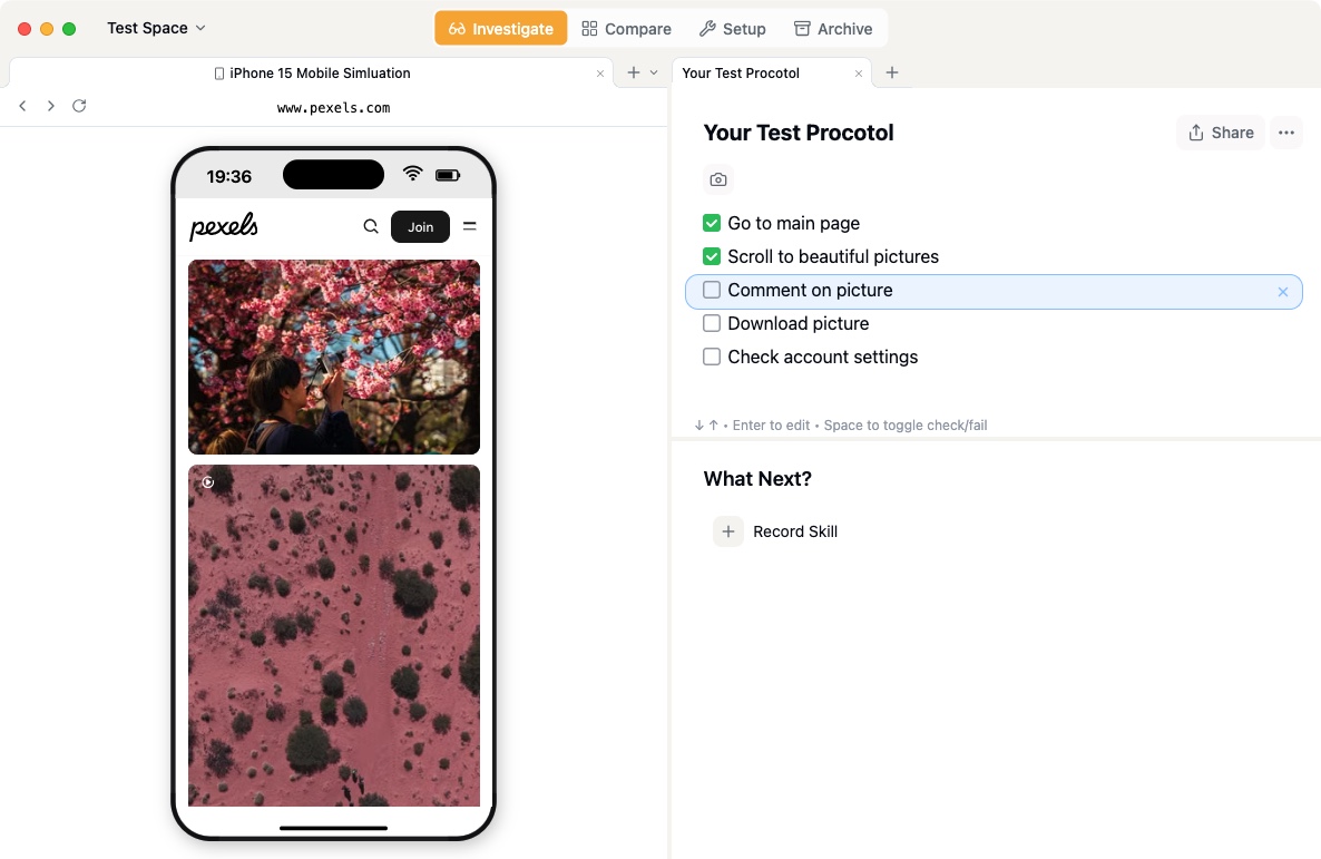 A login flow checklist with one step checked off and one flagged, evidence screenshot attached above