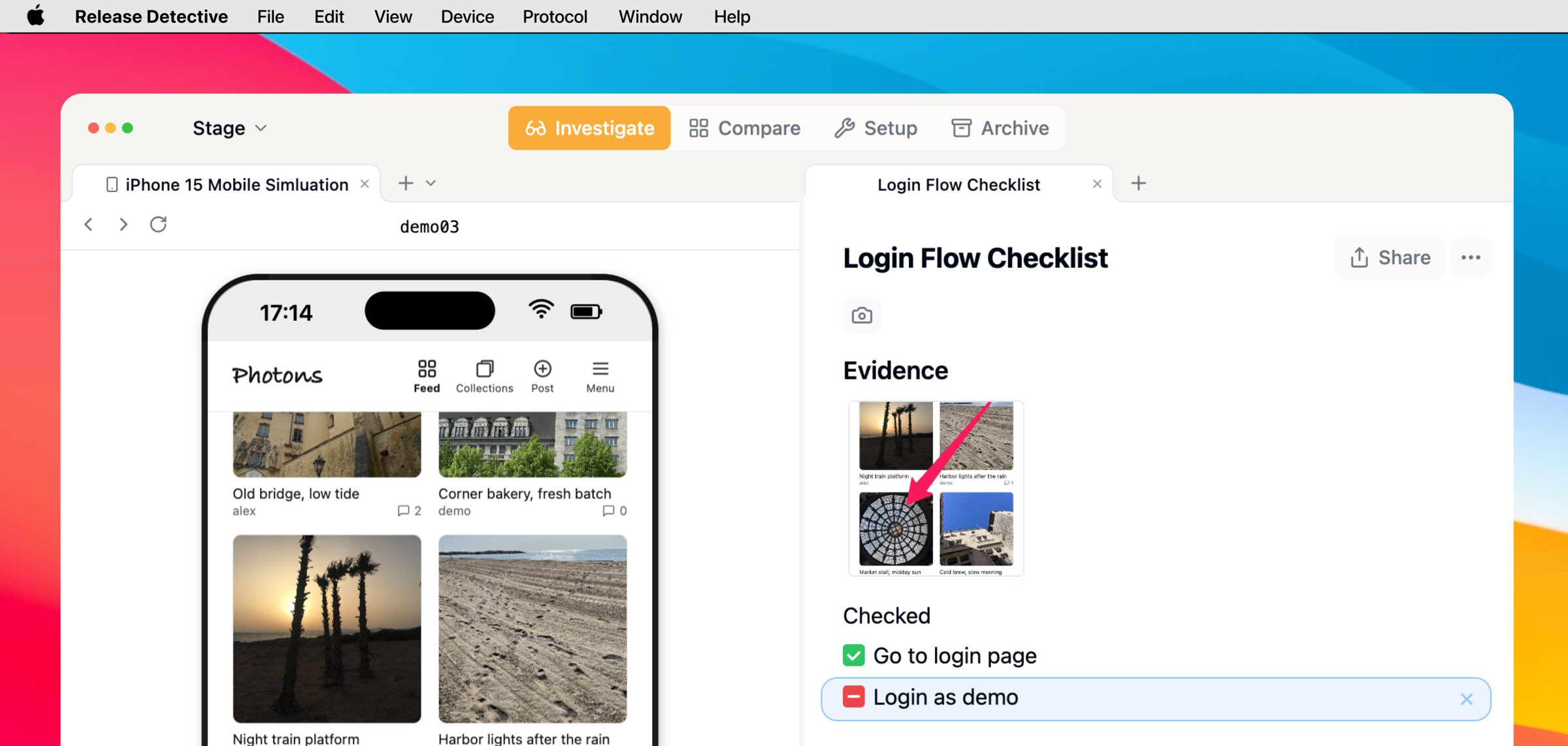 Release Detective's Investigate view with a fresh mobile browser tab open next to a login flow checklist